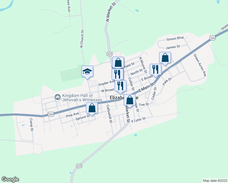 map of restaurants, bars, coffee shops, grocery stores, and more near 18 West Broad Street in Elizabethville