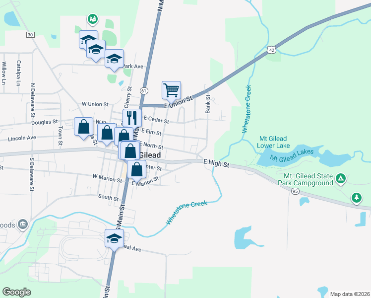 map of restaurants, bars, coffee shops, grocery stores, and more near 158 East North Street in Mount Gilead