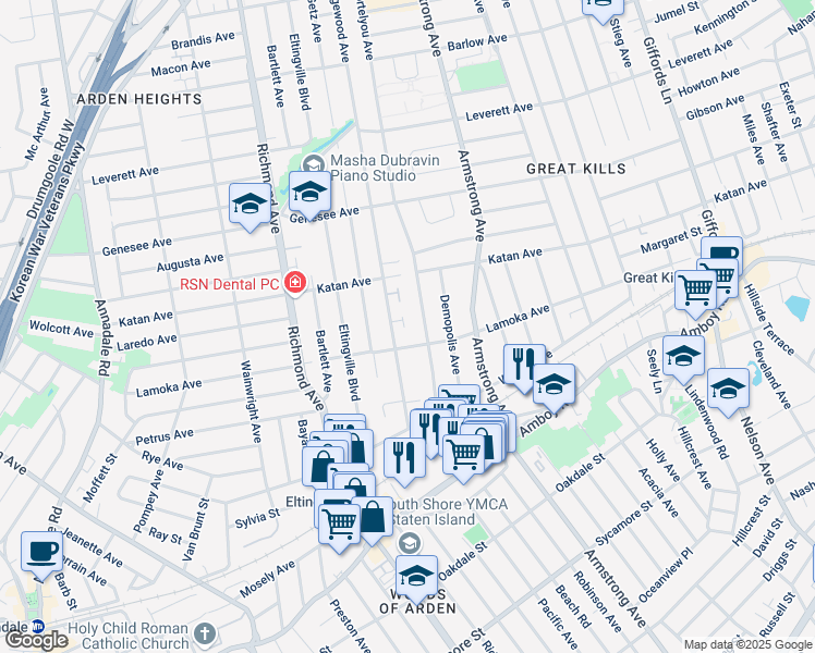 map of restaurants, bars, coffee shops, grocery stores, and more near 109 Ridgewood Avenue in Staten Island
