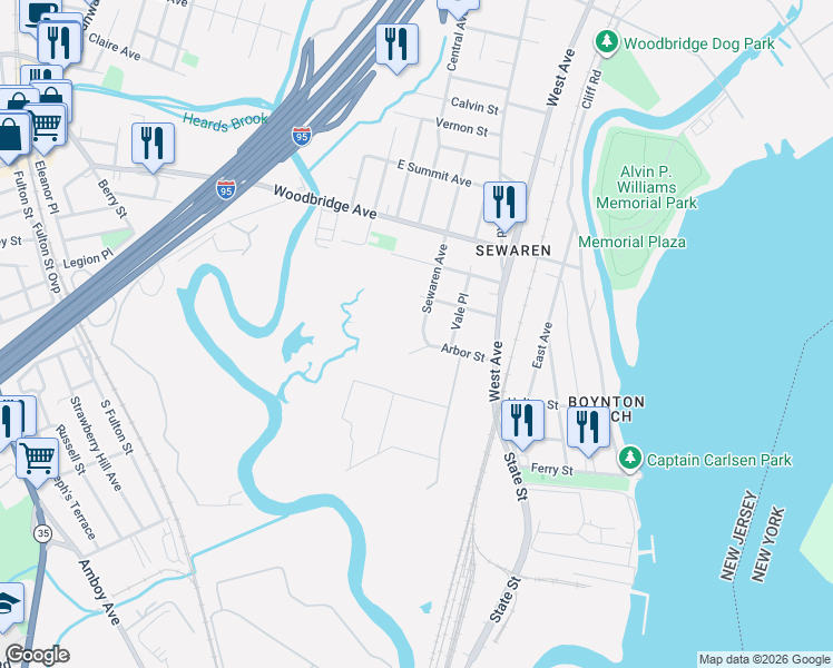 map of restaurants, bars, coffee shops, grocery stores, and more near 4 Sewaren Avenue in Woodbridge Township