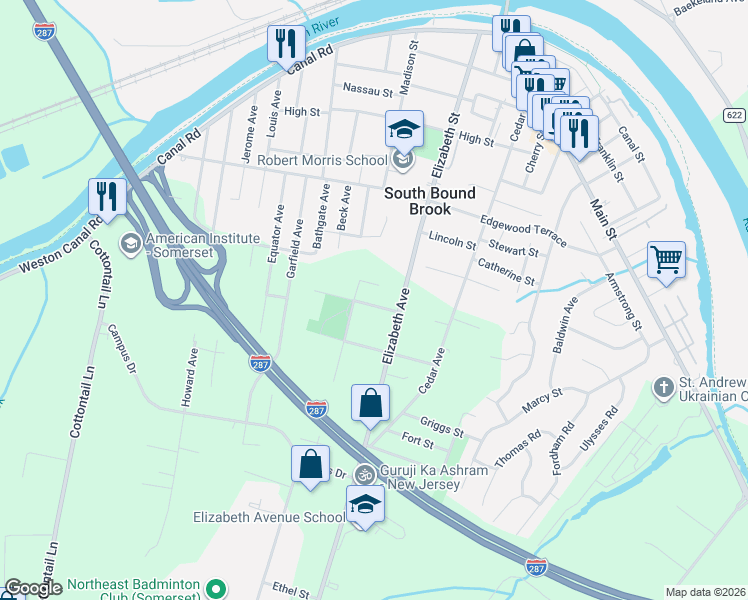 map of restaurants, bars, coffee shops, grocery stores, and more near 111 Adams Street in Franklin Township