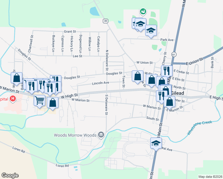 map of restaurants, bars, coffee shops, grocery stores, and more near 210 West High Street in Mount Gilead