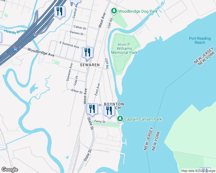 map of restaurants, bars, coffee shops, grocery stores, and more near 454 Cliff Road in Woodbridge Township