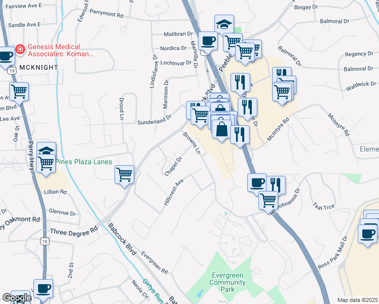 map of restaurants, bars, coffee shops, grocery stores, and more near 76 Chapel Drive in Pittsburgh