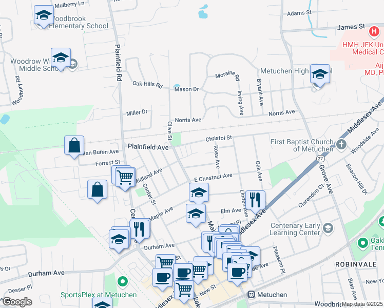 map of restaurants, bars, coffee shops, grocery stores, and more near 24 Victory Court in Metuchen