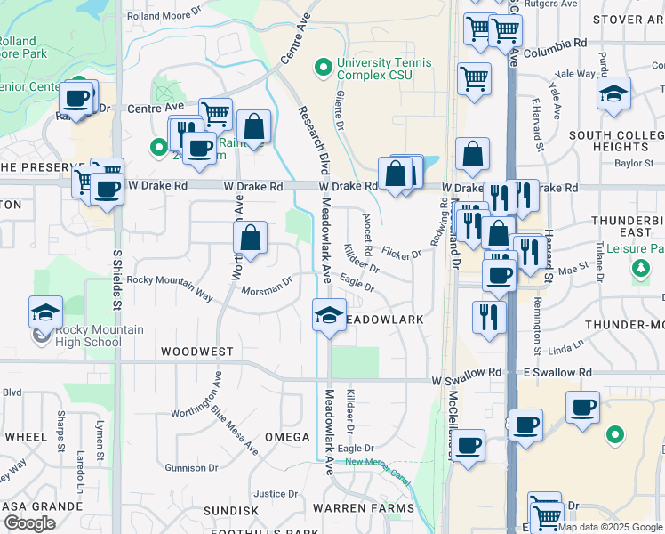 map of restaurants, bars, coffee shops, grocery stores, and more near 2804 Eagle Drive in Fort Collins