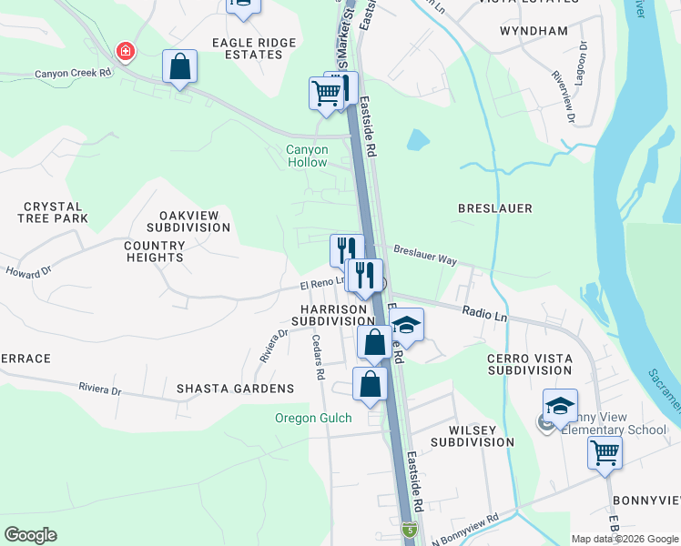 map of restaurants, bars, coffee shops, grocery stores, and more near 2211-2227 El Reno Lane in Redding