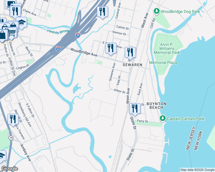 map of restaurants, bars, coffee shops, grocery stores, and more near 4 Sewaren Avenue in Woodbridge Township