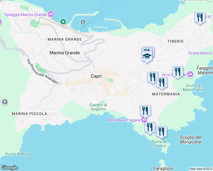 map of restaurants, bars, coffee shops, grocery stores, and more near 6 Via Camerelle in Capri
