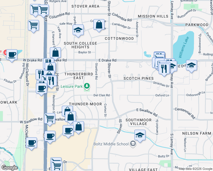 map of restaurants, bars, coffee shops, grocery stores, and more near 2825 Stover Street in Fort Collins