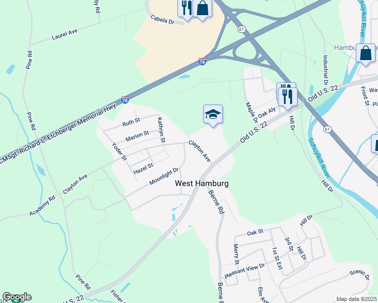 map of restaurants, bars, coffee shops, grocery stores, and more near 29 Moonlight Drive in Hamburg