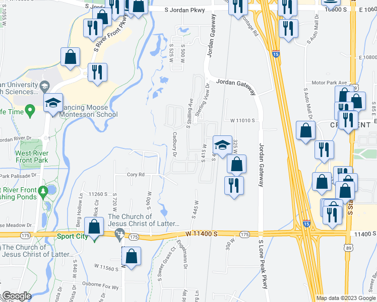 map of restaurants, bars, coffee shops, grocery stores, and more near 11041 South Shilling Avenue in South Jordan