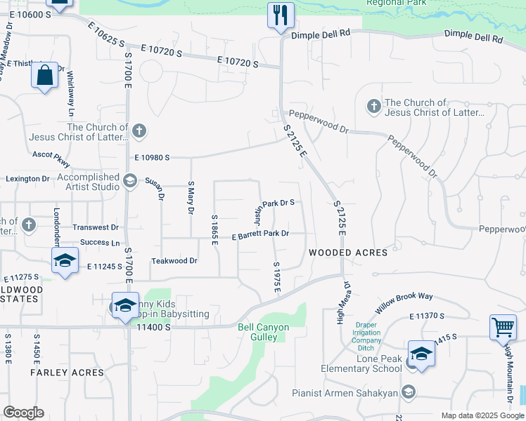 map of restaurants, bars, coffee shops, grocery stores, and more near 11089 Justin Park Drive South in Sandy