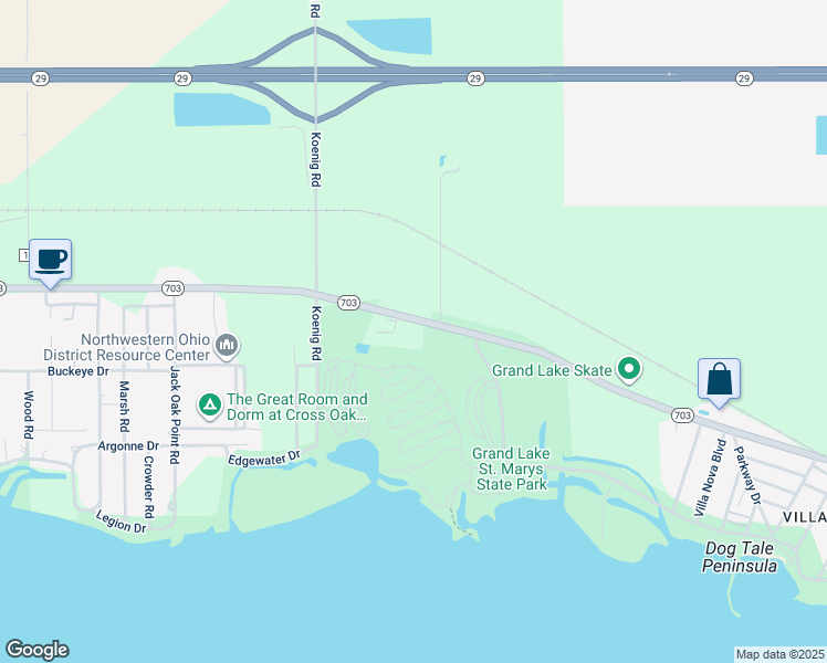 map of restaurants, bars, coffee shops, grocery stores, and more near 3325 Celina Road in Saint Marys