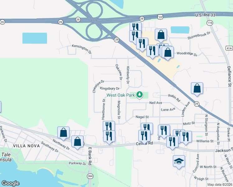 map of restaurants, bars, coffee shops, grocery stores, and more near 1202 Hawthorne Street in Saint Marys