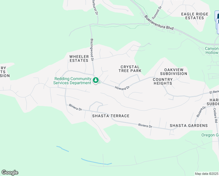 map of restaurants, bars, coffee shops, grocery stores, and more near 2849 Howard Drive in Redding