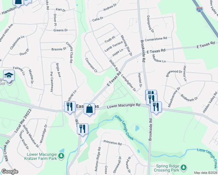 map of restaurants, bars, coffee shops, grocery stores, and more near 5520 East Texas Road in Macungie
