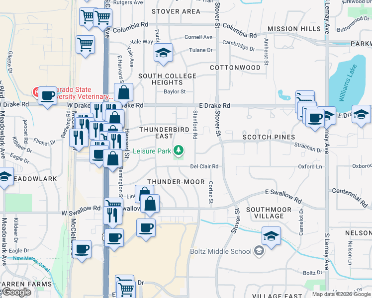 map of restaurants, bars, coffee shops, grocery stores, and more near 2748 Leisure Drive in Fort Collins
