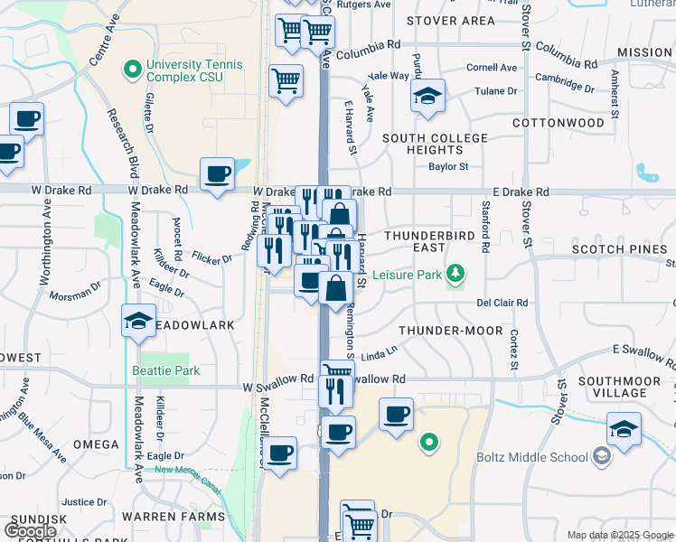 map of restaurants, bars, coffee shops, grocery stores, and more near 2720 S College Ave in Fort Collins