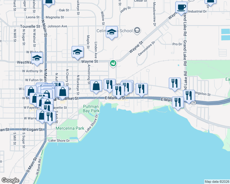 map of restaurants, bars, coffee shops, grocery stores, and more near 565 East Market Street in Celina