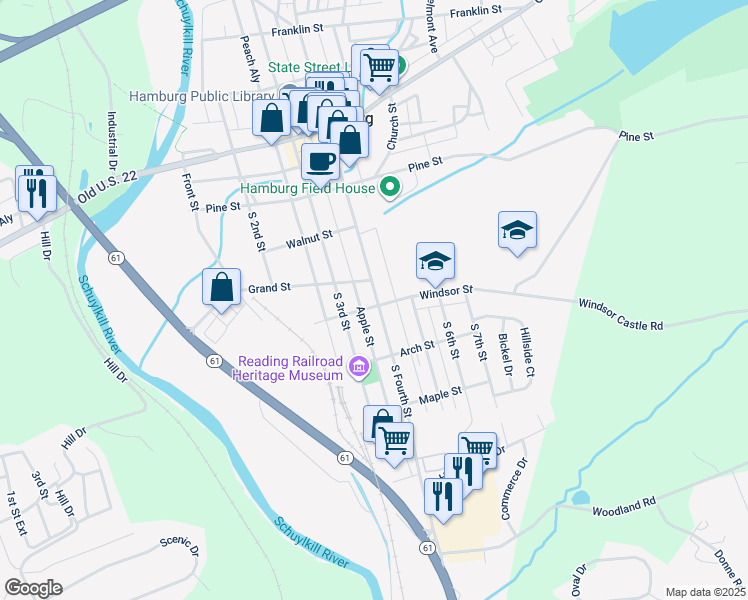 map of restaurants, bars, coffee shops, grocery stores, and more near 330 South Fourth Street in Hamburg