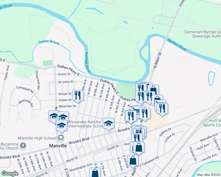 map of restaurants, bars, coffee shops, grocery stores, and more near 505 Dukes Parkway East in Manville