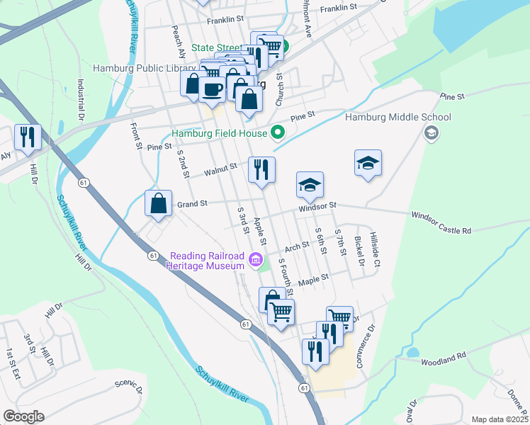 map of restaurants, bars, coffee shops, grocery stores, and more near 328 South Fourth Street in Hamburg