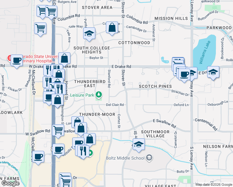 map of restaurants, bars, coffee shops, grocery stores, and more near 502 Strachan Drive in Fort Collins