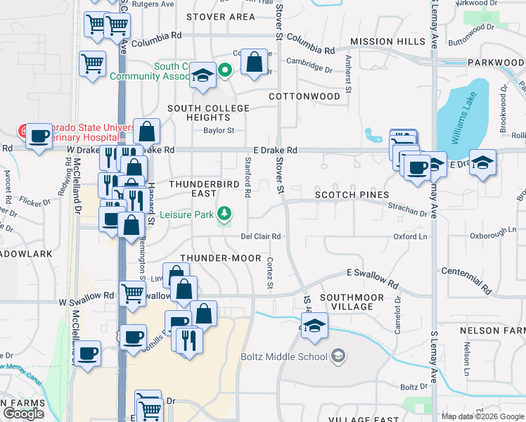 map of restaurants, bars, coffee shops, grocery stores, and more near 502 Strachan Drive in Fort Collins