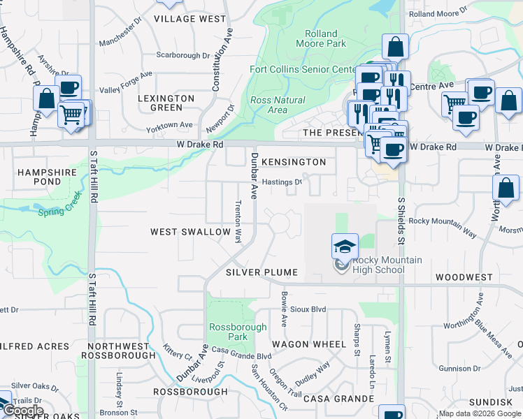 map of restaurants, bars, coffee shops, grocery stores, and more near 2807 Dunbar Avenue in Fort Collins