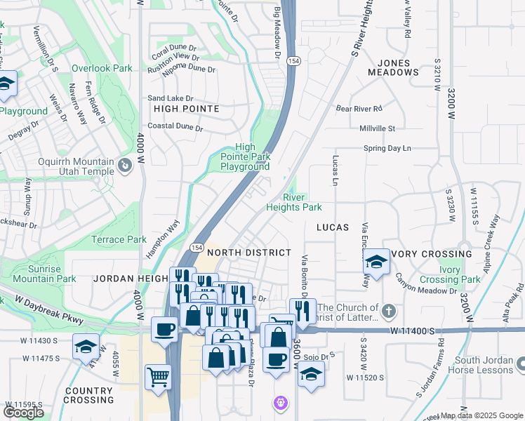 map of restaurants, bars, coffee shops, grocery stores, and more near 11100 River Heights Drive in South Jordan