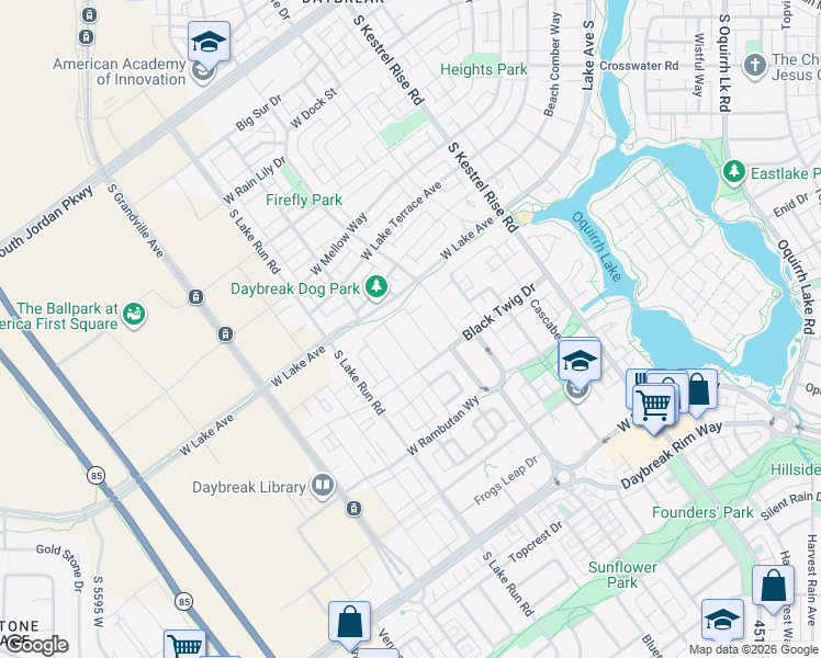 map of restaurants, bars, coffee shops, grocery stores, and more near 11111 Kiwano Way in South Jordan