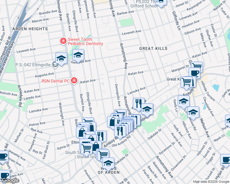 map of restaurants, bars, coffee shops, grocery stores, and more near 68 Demopolis Avenue in Staten Island