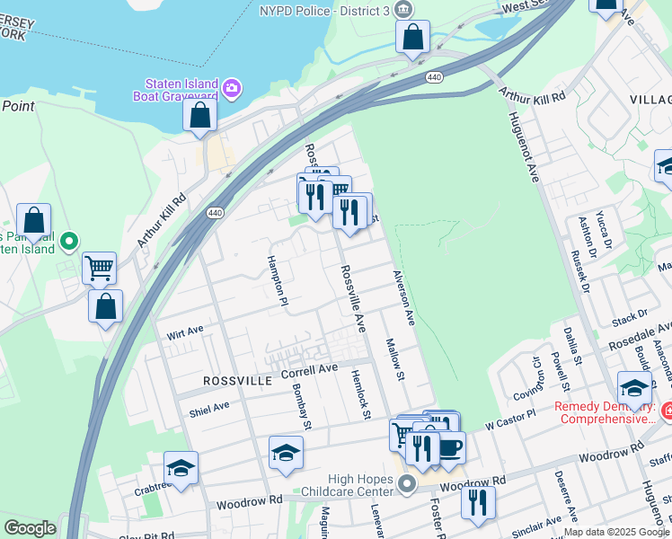 map of restaurants, bars, coffee shops, grocery stores, and more near 78 Selkirk Street in Staten Island