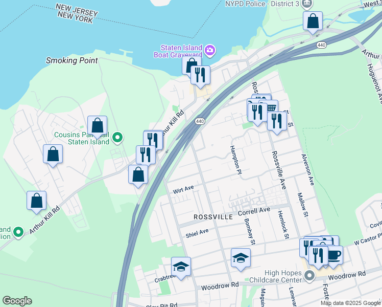 map of restaurants, bars, coffee shops, grocery stores, and more near 552 Winant Avenue in Staten Island