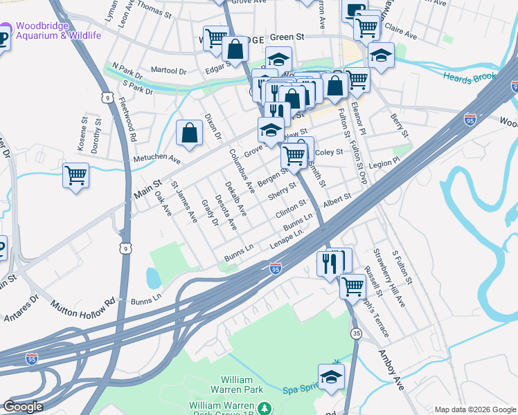 map of restaurants, bars, coffee shops, grocery stores, and more near 191 Sherry Street in Woodbridge Township