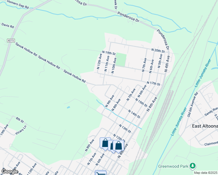 map of restaurants, bars, coffee shops, grocery stores, and more near N 10th Ave in Altoona
