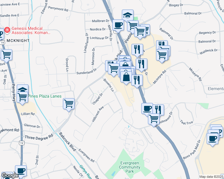 map of restaurants, bars, coffee shops, grocery stores, and more near 76 Chapel Drive in Pittsburgh