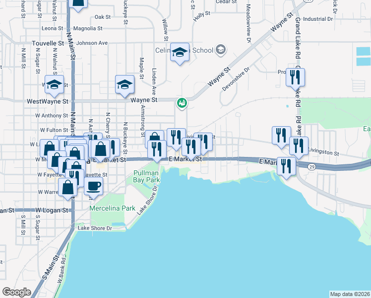 map of restaurants, bars, coffee shops, grocery stores, and more near 565 East Market Street in Celina