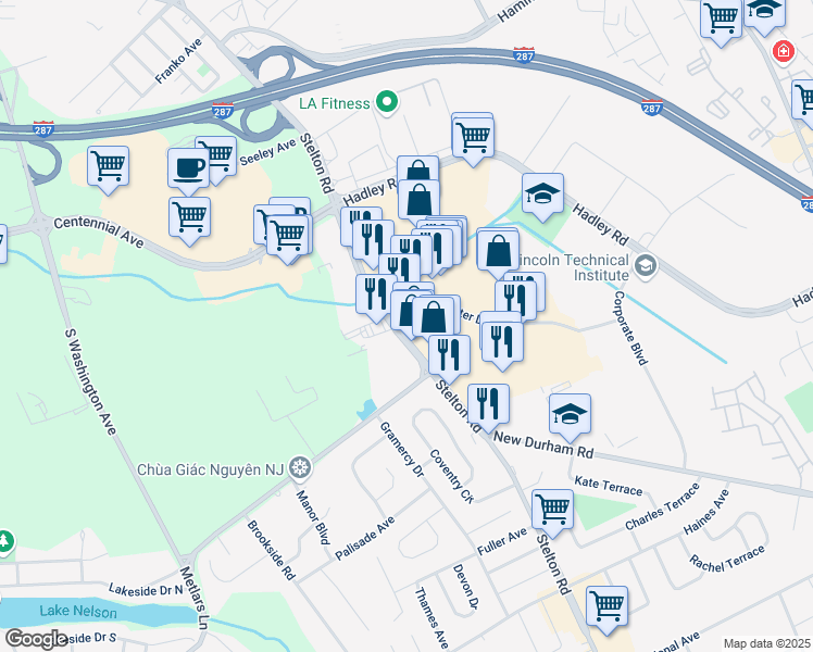 map of restaurants, bars, coffee shops, grocery stores, and more near 4971 Stelton Road in South Plainfield