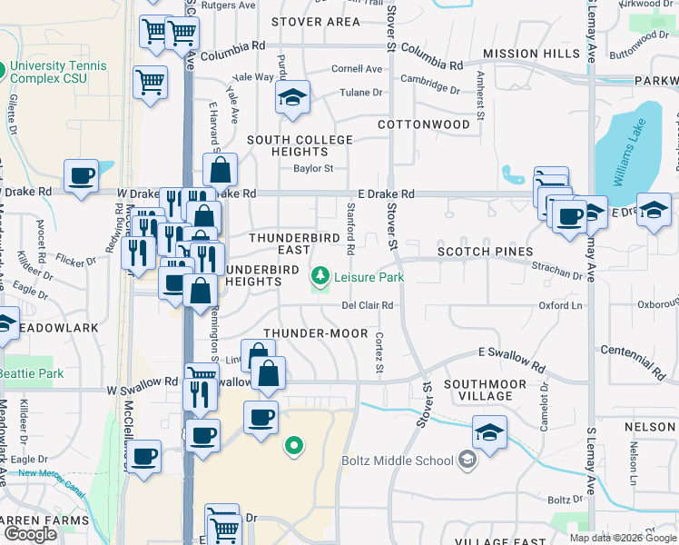 map of restaurants, bars, coffee shops, grocery stores, and more near 2703 Stanford Road in Fort Collins