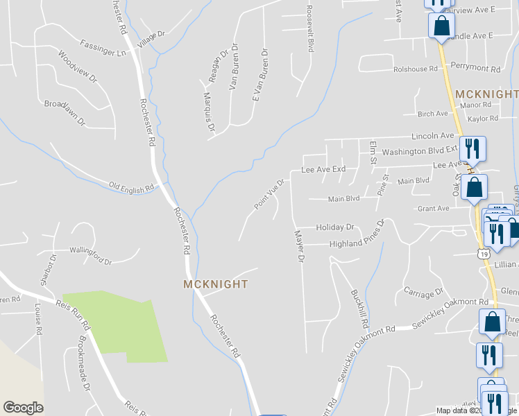 map of restaurants, bars, coffee shops, grocery stores, and more near 119 Point Vue Drive in Pittsburgh