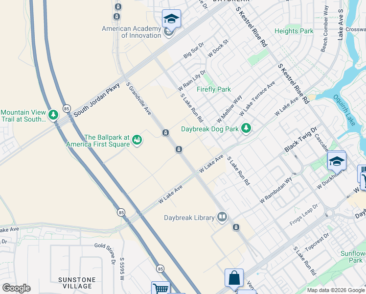 map of restaurants, bars, coffee shops, grocery stores, and more near 5308 Center Field Drive in South Jordan