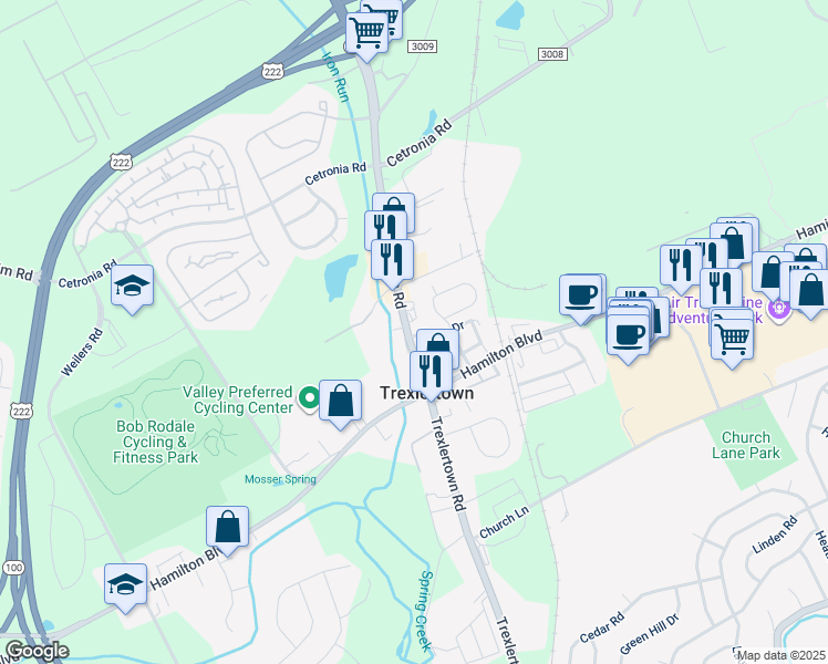 map of restaurants, bars, coffee shops, grocery stores, and more near 1119 Trexlertown Road in Trexlertown