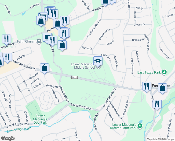 map of restaurants, bars, coffee shops, grocery stores, and more near 6299 Lower Macungie Road in Macungie