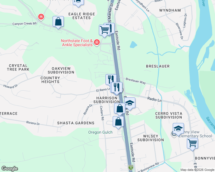 map of restaurants, bars, coffee shops, grocery stores, and more near 2180 El Reno Lane in Redding
