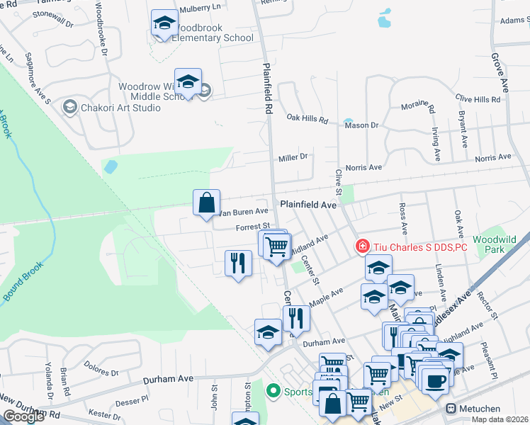 map of restaurants, bars, coffee shops, grocery stores, and more near 12 Van Buren Avenue in Metuchen