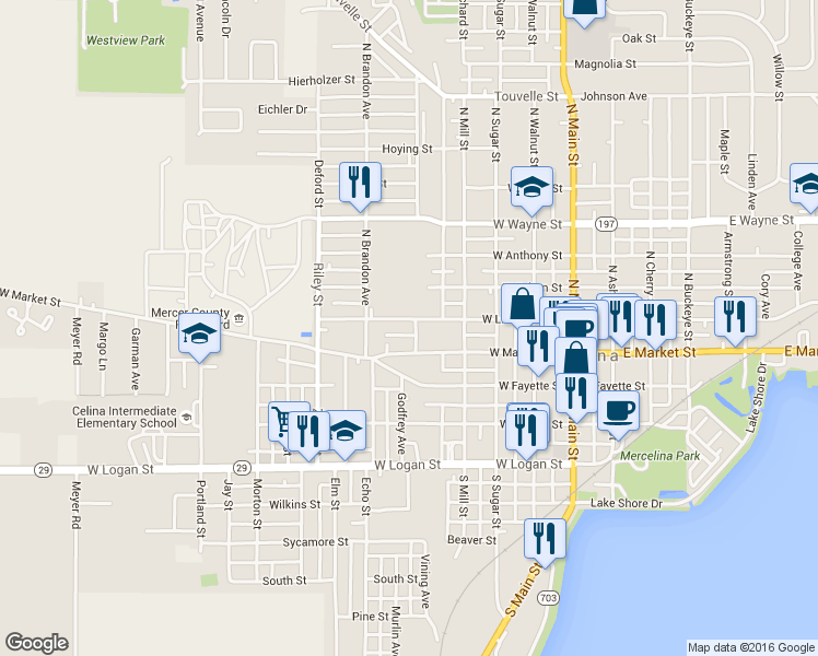 map of restaurants, bars, coffee shops, grocery stores, and more near 512 West Livingston Street in Celina