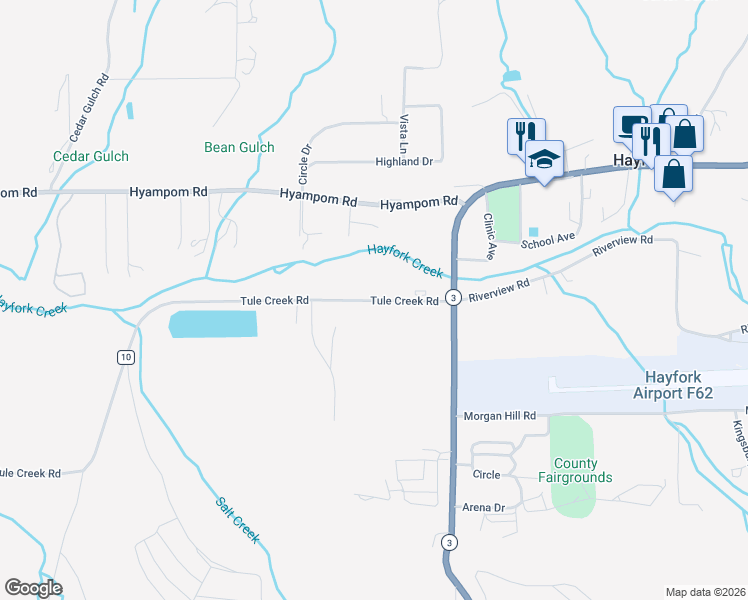 map of restaurants, bars, coffee shops, grocery stores, and more near 154 Tule Creek Rd in Hayfork