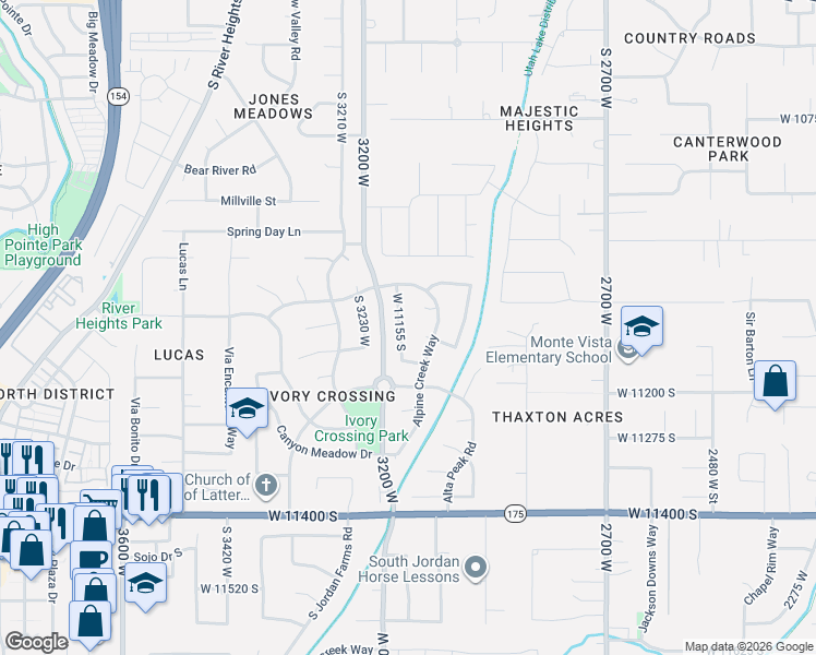 map of restaurants, bars, coffee shops, grocery stores, and more near 11093 Alta Crest Drive in South Jordan